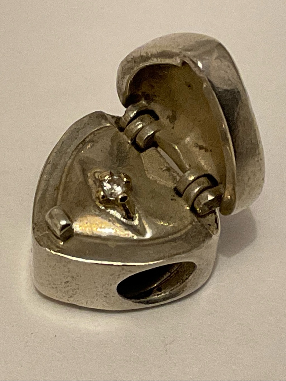 Sterling Silver Heart Locket Charm with 14k gold ring inside with real diamond